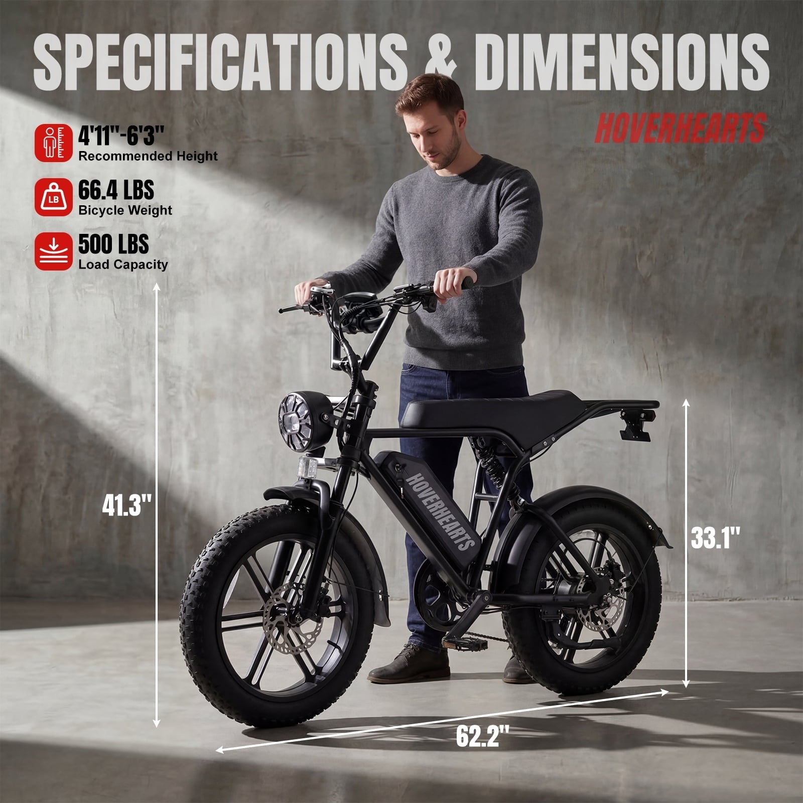 HOVER HEART 20 Fat Tire E-Bike 500W Electric Bicycle for Adults 48V 15Ah 28mph 7 Speed Hydraulic Brakes Retro Style Electric Bike with LCD Display