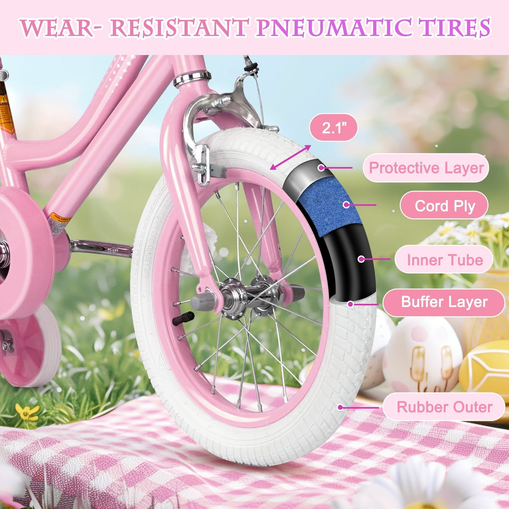 XJD Girls Bike for Toddlers 3-9 Years Old Kids, 14 Inch Kids Bike with Training Wheels, Streamers, Basket and Doll Seat, Children Bicycles with Handbrake