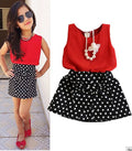 2016 New Summer Fashion Kids Girls Clothes Sleeveless Chiffon Tops Vest Polka Dot Bowknot Skirt Outfits Children  Clothing Sets